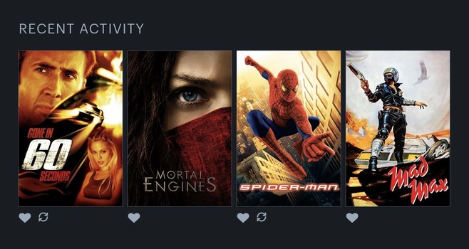A screenshot of Recent Activity on the Letterboxd mobile app: Gone in 60 Seconds, Mortal Engines, Spider-Man, and Mad Max