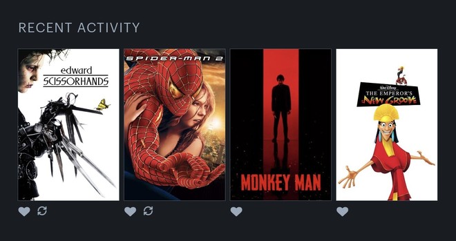A screenshot of Recent Activity on the Letterboxd mobile app: Edward Scissorhands, Spider-Man 2, Monkey Man, and The Emperor's New Groove