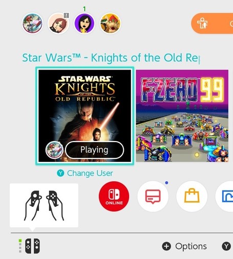 Screenshot of a Nintendo Switch home screen with Star Wars - Knights of the Old Republic queued up.