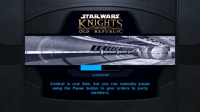 A loading screen from Star Wars - Knights of the Old Republic. A blue progress bar is halfway-loaded.
