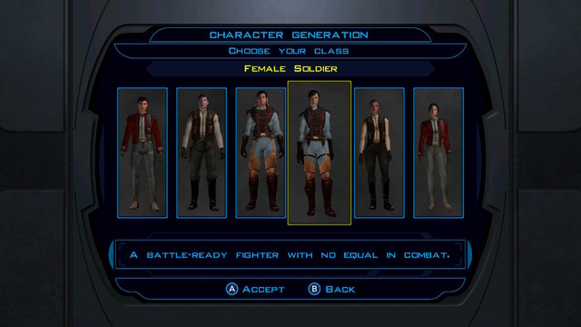 The character selection screen from the beginning of Star Wars - Knights of the Old Republic.
