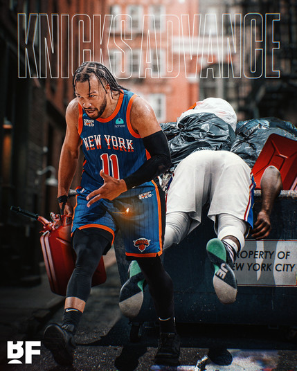 A graphic posted by Basketball Forever depicting Jalen Brunson of the New York Knicks striking his signature pose while a Philadelphia 76ers player, presumably Joel Embiid, can be seen hunched over in a garbage bin behind him.
