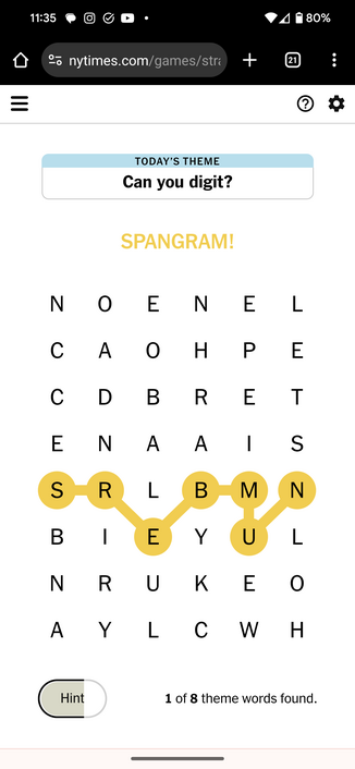 Screenshot of an unsolved Strands puzzle with the 'spangram' highlighted in yellow.