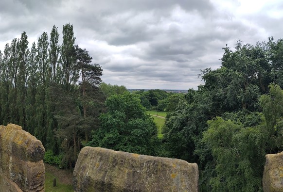 The second half of the panoramic picture looking mainly south. The parapets are in the foreground.

There is a line of tall trees which reduce in height in the middle. In the middle can be seen a grass area with a path through it. There is a person walking a couple of dogs.

In the distance can be seen the town of Earl Shilton.