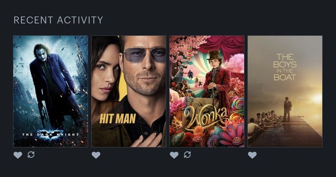 A screenshot of Recent Activity on the Letterboxd mobile app: The Dark Knight, Hit Man, Wonka, and The Boys in the Boat