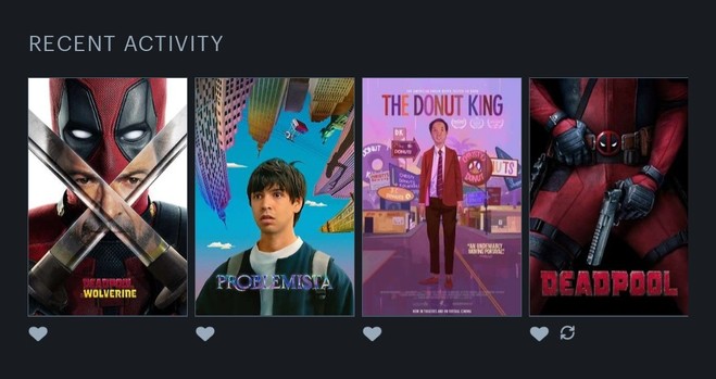 A screenshot of Recent Activity on the Letterboxd mobile app: Deadpool & Wolverine, Problemista, The Donut King, and Deadpool